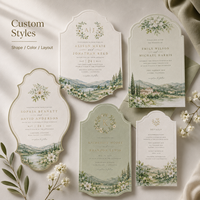 Ensemble d'invitations de mariage personnalisées sur le thème des campagnes italiennes, design élégant en aquarelle avec des collines et des motifs floraux, monogramme en feuille d'or