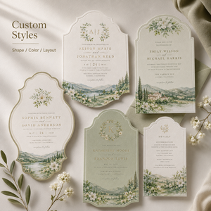 Set di Inviti Matrimoniali Personalizzati Stile Campagna Italiana, Design Elegante con Colline ad Acquerello e Motivi Floreali, con Monogramma in Lamina d'Oro - Product Image 3