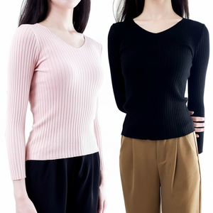 Maglietta da donna con scollo a V Slim in maglia Goji per autunno e primavera comodo Top rotondo con scollo a V - Product Image 1