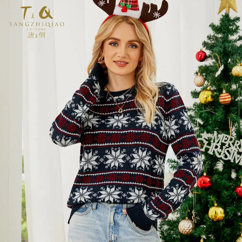 Round Neck Red Christmas Knit Long Sleeved Snow Flower Sweater 2023 New Cheap Winter Women Custom Pullover Sweater Design