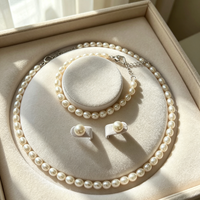Parure de bijoux de mariée en perles de riz, collier, bracelet et boucles d'oreilles en perles de riz d'eau douce 7-8 mm, argent 925, pour femme, vente en gros, personnalisable