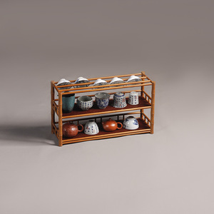 Étagère à thé en bambou à trois niveaux avec plateau de récupération d'eau, porte-tasses, rangement et présentoir pour service à thé, pour salon, rectangulaire, couleur rétro - Product Image 1