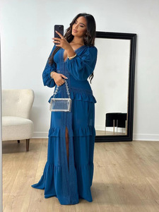 Abito Lungo da Donna per Feste Primavera ed Estate 2025, Elegante a Strati con Cuciture, Maniche Lunghe e Scollo a V - Product Image 2