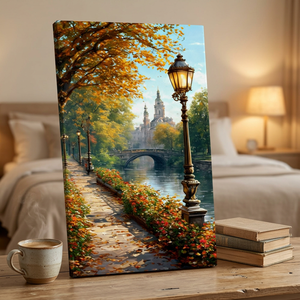 Stampa Artistica Decorativa Moderna ed Ecologica su Tela, Dipinto a Olio con <span class=keywords><strong>Paesaggio</strong></span> Autunnale, Foglie Cadenti e Architettura Lontana - Product Image 1