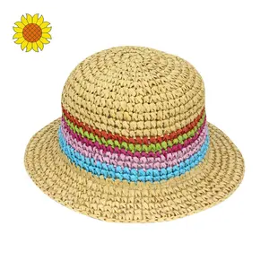 Cubo de paja de papel multicolor para niños, sombrero de verano plegable, Adorable, croché a mano, multicolor