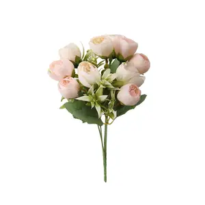 Buquês de flores de seda com 10 cabeças para casamento, buquês de rosas decorativas para casa, bucha de peônia rosa falsa