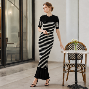 Vestido Maxi de Punto a Rayas para Mujer, Manga Corta, Cuello Redondo, Estilo Bodycon, Cintura Natural, Estilo Minimalista, para Todas las Temporadas - Product Image 5