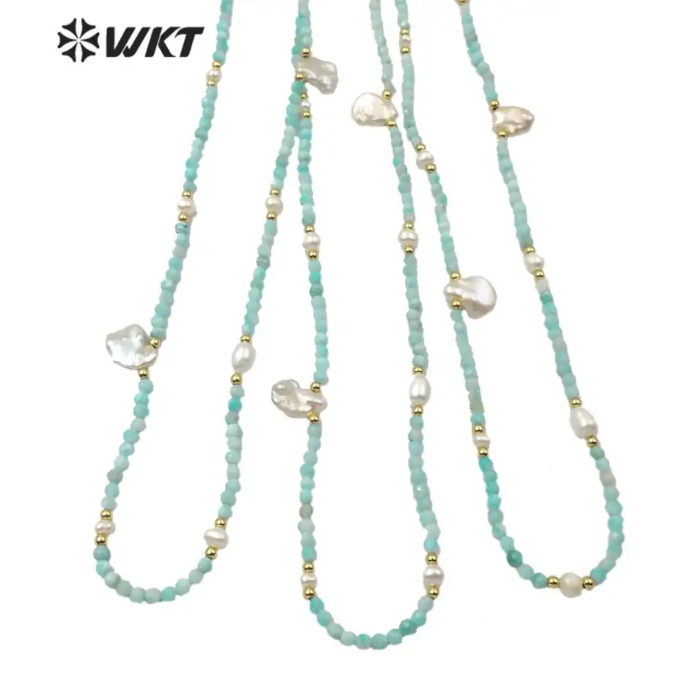 WT-N1181 Mode Klasik Mutiara dengan 3Mm Manik-manik Segi Amazonite Kalung Wanita Kualitas Tinggi Manik Amazonite Alami