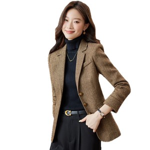 Women's Wool Blazer Brown Solid Color Anti-Wrinkle Autumn Spring Commuter Suit - Product Image 5
