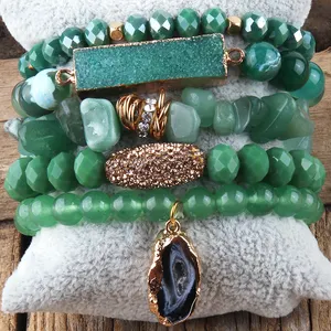 Boho jóias, novo pedra natural chip de pedra strass pave argila peanut pulseira elástica irregular druzy pingente pulseiras conjunto de pulseiras