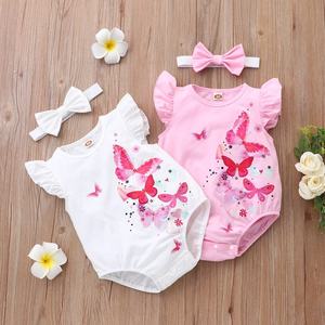 Penjualan laris bodysuit lengan terbang bayi perempuan musim panas Romper katun lengan Terbang cetak kupu-kupu lucu bando 0-18 bulan