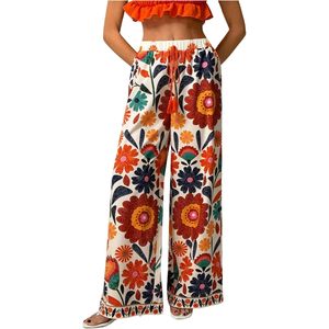 Pantalones Anchos de Cintura Media con Estampado Floral Bohemio para Mujer, Transpirables, con Cordón Elástico, Estilo Holgado, para Vacaciones - Product Image 1