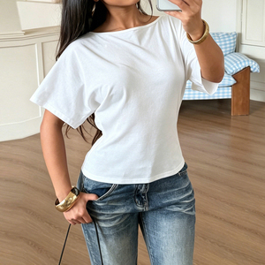 Top corto asimétrico de un solo hombro para mujer, estilo vintage de verano, con flecos de cuentas, sin espalda, de punto, de manga corta. - Product Image 5