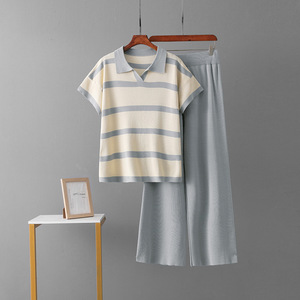 Women's Summer New Casual Fashion Sweater Set Breathable Striped Pattern Knitted Top and Wide Leg <b>Pants</b> with Loose Fit - Product Image 6