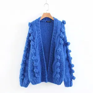 여성 패션 Handknit 거품 소매 큰 카디건 코트 대형 Chunky 스웨터 울 공