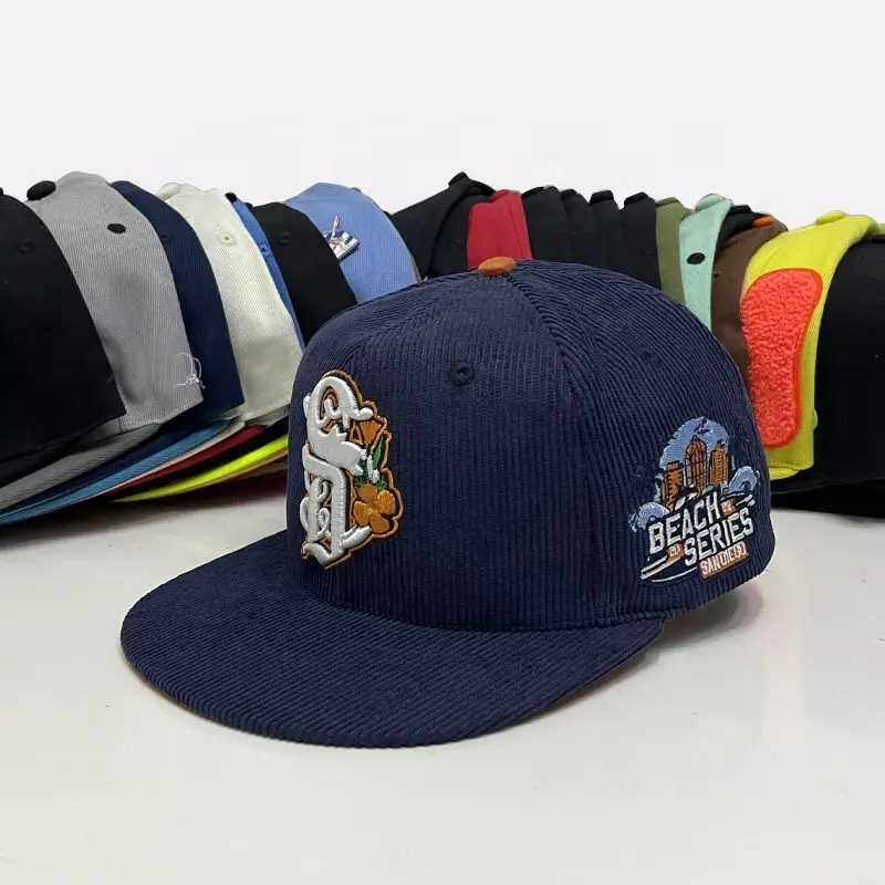 Oem thấp moq tùy chỉnh bán buôn New Flat Brim gorras thêu vá vintage vải to sợi bóng chày Snapback cap Thời Đại được trang bị hat