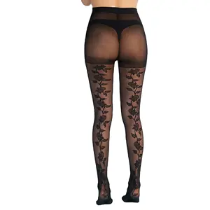 Pantyhose hitam mode wanita seksi jacquard bunga mawar jahitan belakang selangkangan T kualitas tinggi
