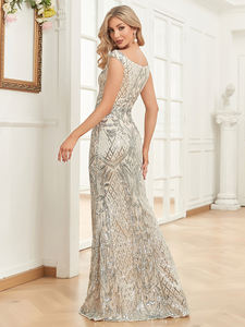 2025 Elegante Vrouwen Luxe Feest <span class=keywords><strong>Prom</strong></span> Maxi Jurk V-Hals Zilveren Lovertjes Avondjurk Natuurlijke Taille Gemaakt Van Kasjmier Chiffon - Product Image 5