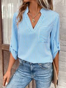 Camicia a maniche lunghe Casual Casual camicetta a maniche lunghe con scollo a V a strisce verticali da donna - Product Image 6