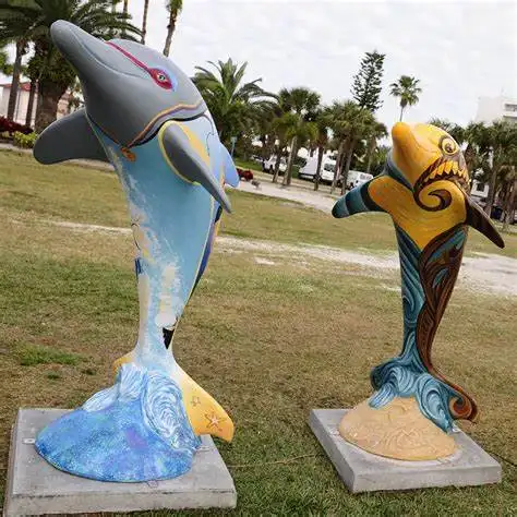 Low price garden customized oil painting color large outdoor resin dolphin statues