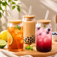 Gobelets en verre borosilicate modernes personnalisables avec logo, 16oz et 18oz, avec couvercles en bambou et pailles, transparents, pour café glacé, bière et thé