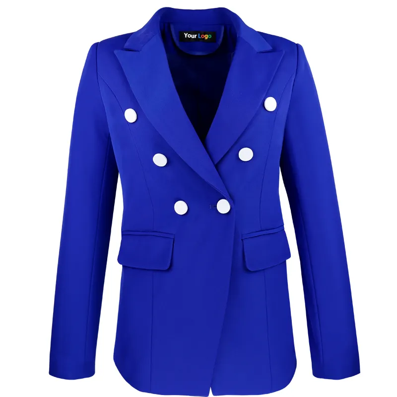 Artı boyutu uzatılmış tam kollu Blazer uzun boylu kadınlar için kruvaze kraliyet mavi ceket ofis kadın mont toptan Dropship