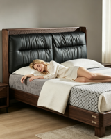 Plateforme de lit en bois massif, cadres de lit en bois pour matelas très grand format, avec tête de lit rembourrée en cuir, montage rapide