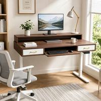 Bureau debout électrique pliable en bois à hauteur réglable avec tiroirs, poste de travail motorisé pour ordinateur et rangement, idéal pour le télétravail