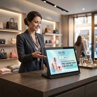 Soporte de Mesa en Forma de L Innovador para Restaurantes, con Tablet Android para Pedidos y Llamadas, Porta Menús Digital LCD, Pantalla Publicitaria