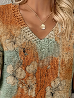 Pull en maille à motif floral abstrait pour femme, collection été 2026, col en V, manches courtes, imprimé aquarelle, 100 % polyester, vert sauge et orange