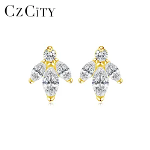 CZCITY Cute Earring Korean Hot Selling Flower Shaped Beaded Stone Cubic Zirconia Gold Earing For Woman