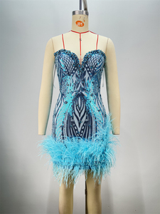 Caldo all'ingrosso abbigliamento <span class=keywords><strong>bianco</strong></span> aderente piuma paillettes Sexy vestito da festa delle donne - Product Image 6