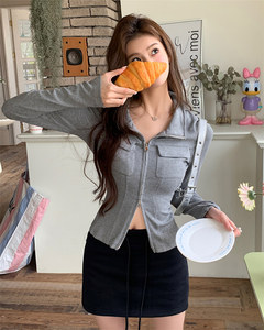2025 Western Streetwear fermeture éclair <span class=keywords><strong>t</strong></span>-shirts femmes décontracté tout match à manches longues blanc haut uni mince <span class=keywords><strong>t</strong></span>-shirts hauts serrés Cardigan - Product Image 4