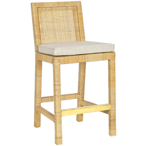 Modern Rattan and Linen Bar/Counter <b>Stool</b> with <b>Wood</b> Base for Home Bar and Restaurant Use - Product Image 2
