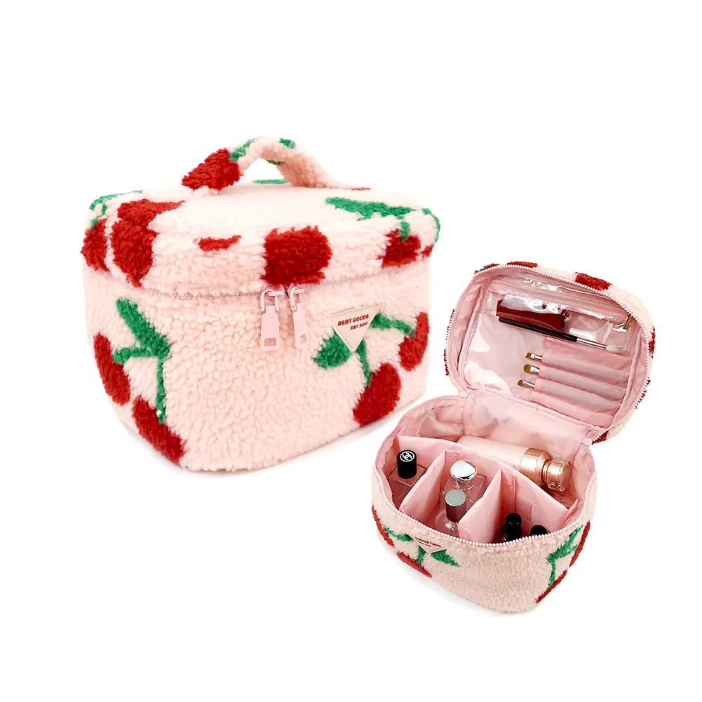 Multifunction eyebrow pencil brush zipper beauty makeup bag soft make up bag cute teddy puffy cosmetic bags case organizer