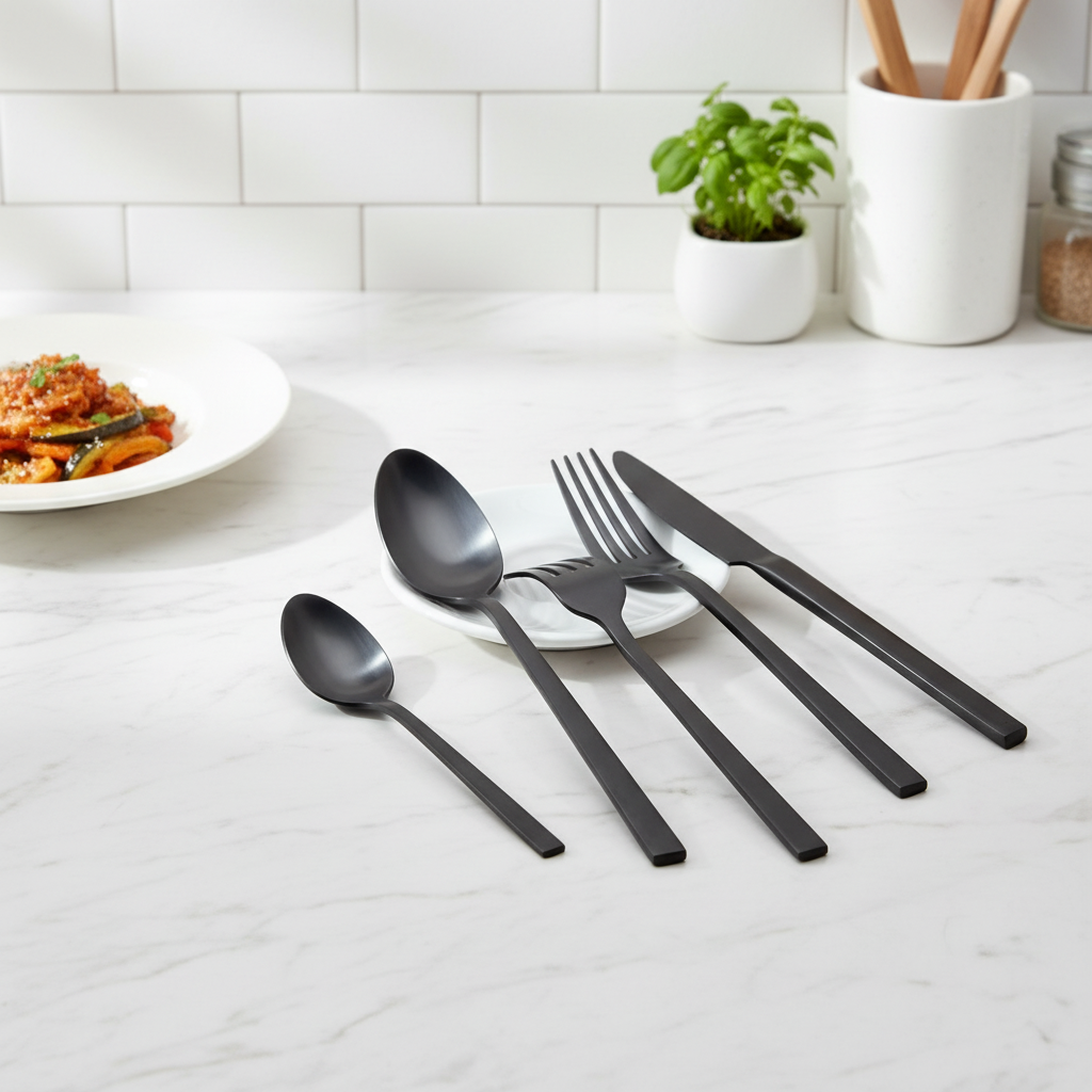 COPOTIO Set di posate nero per 12 persone, in acciaio inox 60 pezzi, con cucchiaio forchetta e coltello, Disegn della pietra