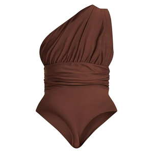 Traje de Baño Ecológico Anti Cloro UFP 50+ de Micro Nylon y Spandex para Mujer, Color Chocolate, de Un Hombro, Fruncido, de Una Pieza - Product Image 5