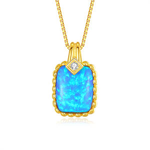 925 Sterling Silver Gold Plated Rectangle Blue Opal Bezel Set Pendant Necklace Dainty Milgrain <b>Edge</b> Vintage Jewelry For Women - Product Image 1