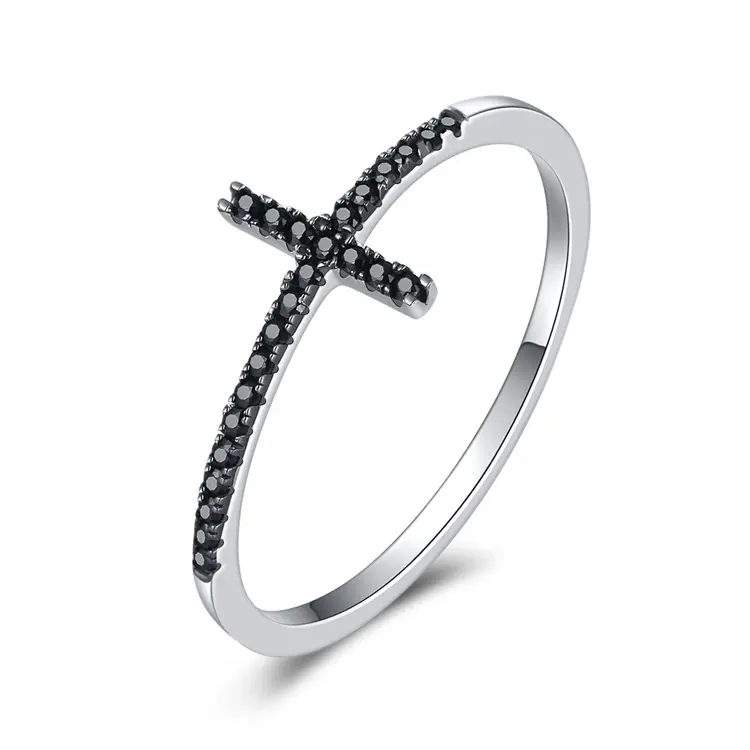 Faith Cross 925 Sterling Silber Verlobung sring, Schwarz CZ Mode Ehering Geburtstags geschenk für Frauen/Mädchen