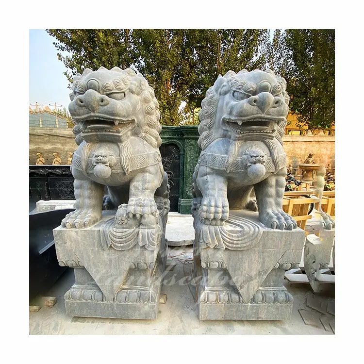 Statues de chiens fu en granit, grand ornement de jardin en plein air, sculpture de chien foo chinois en marbre, vente en gros