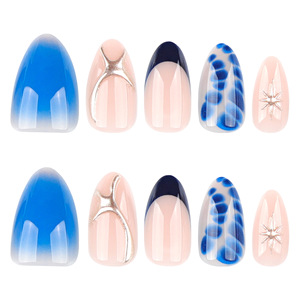 Faux ongles à presser courts en amande, bleu ombré, style French simple, finition minimaliste, vente en gros - Product Image 5