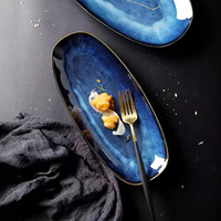 Plato Ovalado de Cerámica para Sushi con Esmalte Reactivo Azul, Plato para Servir, Vajilla, Plato para Aperitivos Japonés de 12 y 14 Pulgadas, para Hotel y Restaurante