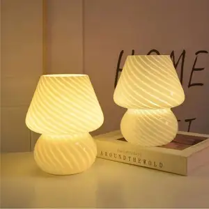 Cam Vintage çizgili taşınabilir mantar ev dekor aydınlatma ortam yatak odası oturma LED komodin lamba ışıkları lambaları