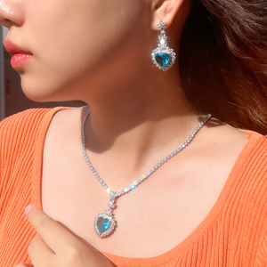 Elegant Light Ocean Blue Heart Cut CZ Crystal Shape Necklace <strong>and</strong> Earrings Jewelry Sets for Women Wedding Bridal Gift <strong>Jewellery</strong> - Product Image 2