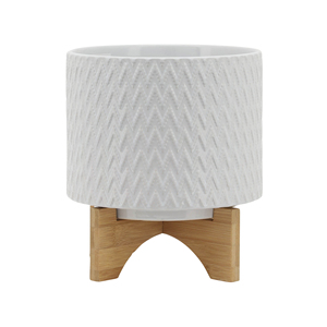 Pot en céramique avec support en bois, design géométrique blanc, pot décoratif intérieur/extérieur pour la maison, le jardin, l'entrée, la terrasse - Product Image 1