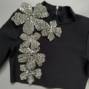 Venta al por mayor de las mujeres de la moda de la calle negro de dos piezas Chic flor diamantes manga completa Top & Fit envuelto cadera falda vendaje vestido conjunto - Product Image 6