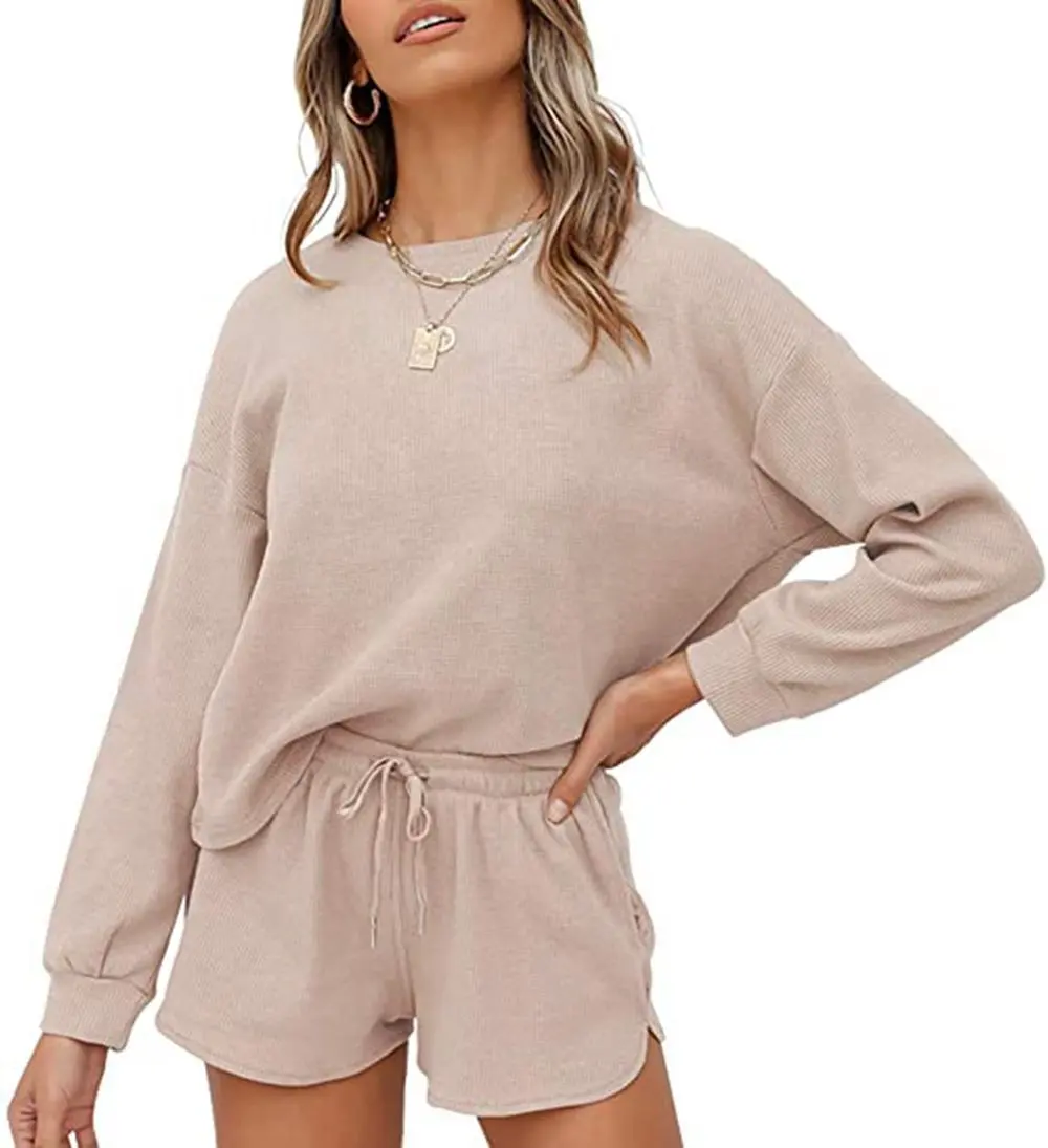 Fashion home clothing Ladies pajama set color knit long sleeve top shorts for women