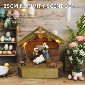 Set d'ornements <span class=keywords><strong>de</strong></span> jardin à LED Crèche Crèche Scène <span class=keywords><strong>de</strong></span> la Nativité Église catholique en bois Statue peinte en résine Sculpture d'extérieur Artisanat Anime - Product Image 2