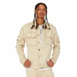 Customized Mens Custom Design Retro Hole Irregular Cut Dyed Washed Denim Jacket
