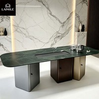 Table à thé de luxe en marbre naturel, bureau à thé moderne avec plateau en pierre et armoire de rangement, table à thé Kung Fu design pour salon de villa